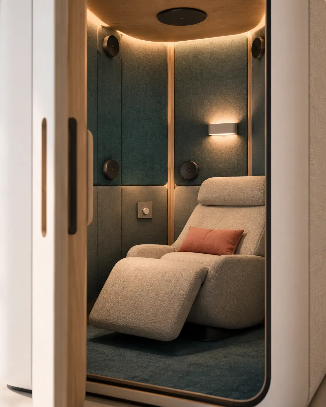 Conceptbeeld van het interieur van de rebooth: fauteuil, stoffen panelen en warm licht